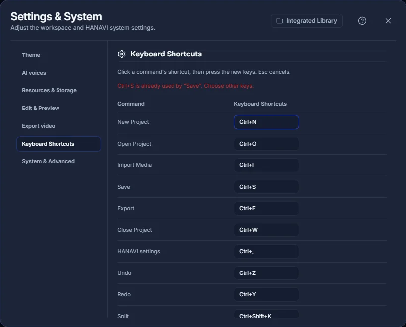 Shortcut settings with default combinations and conflict warning