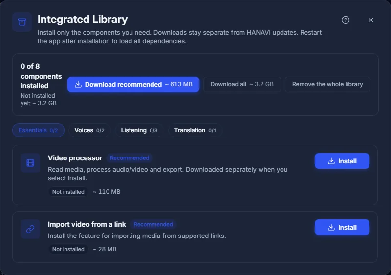 Integrated Library with Download recommended and component groups