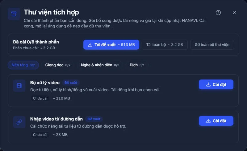 Thư viện tích hợp với nút Tải đề xuất và các nhóm thành phần