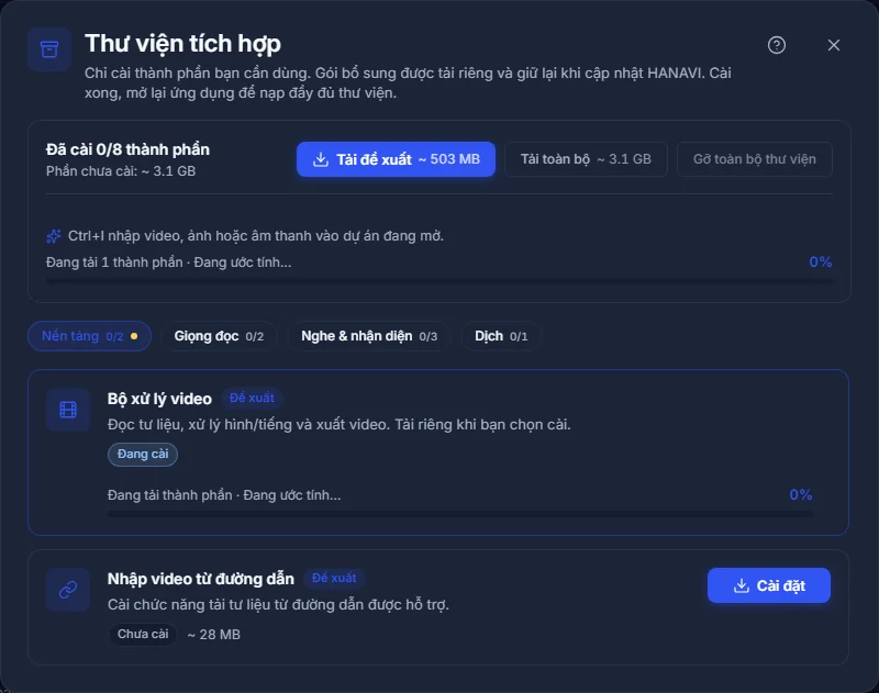 Thư viện tích hợp đang tải thành phần và hiện tiến độ