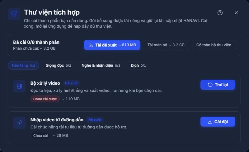Thẻ thành phần cài lỗi với nút Thử lại