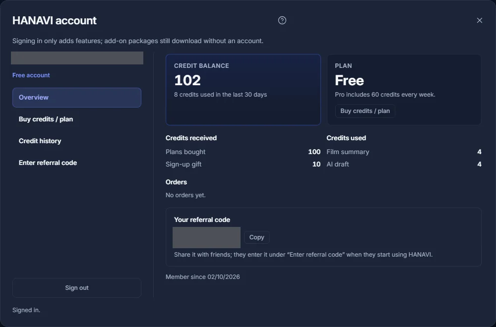 Account overview with balance, plan and usage