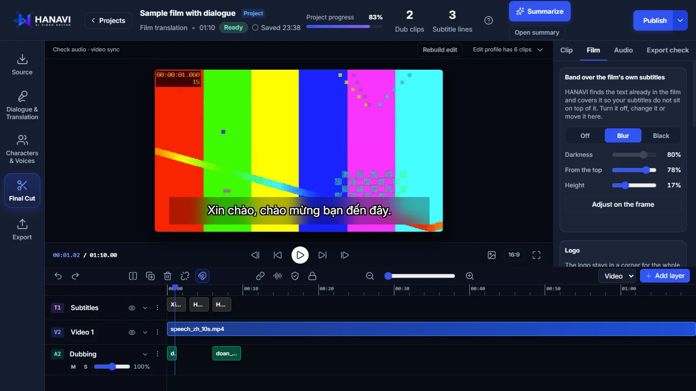Final cut with audio tracks, subtitles and covered area