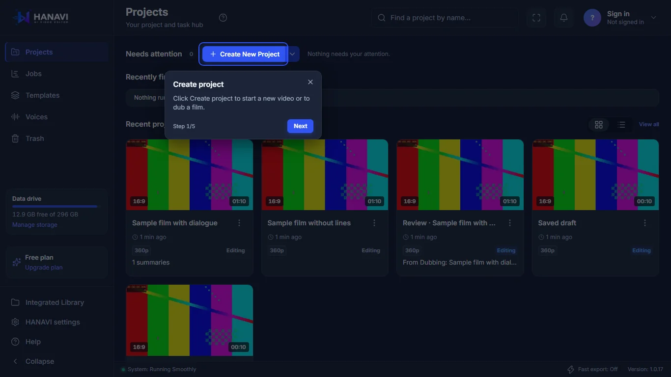 Quick tour highlighting a control on the Projects screen