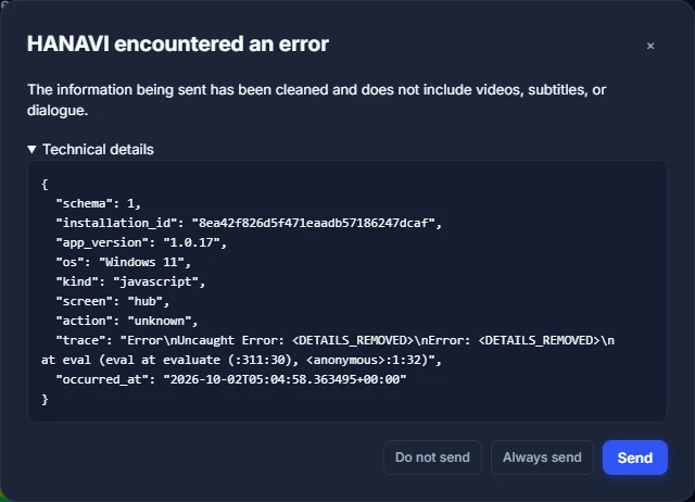 Error report dialog with cleaned details and three choices