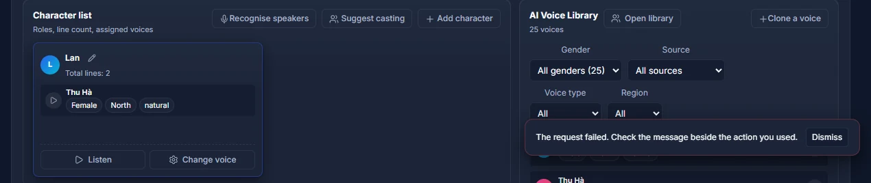 Voice preview creation or playback error