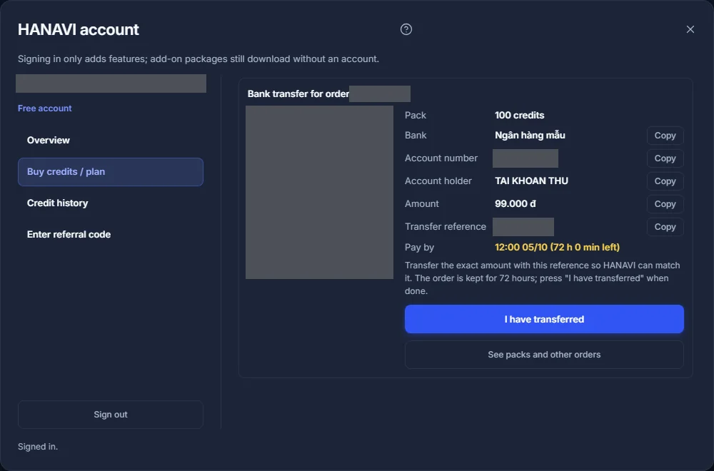 Order with QR, transfer details and payment deadline