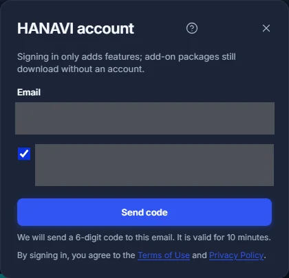 Account dialog with email, consent checkbox and Send code