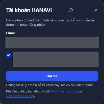 Hộp tài khoản với ô email, ô đồng ý và nút Gửi mã