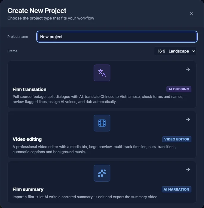 Choose a type and create a project