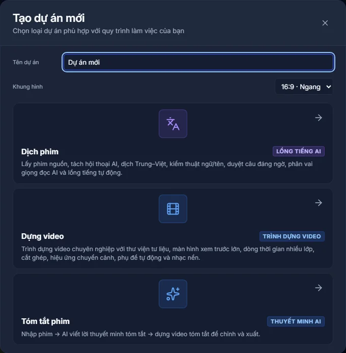 Chọn loại và tạo dự án