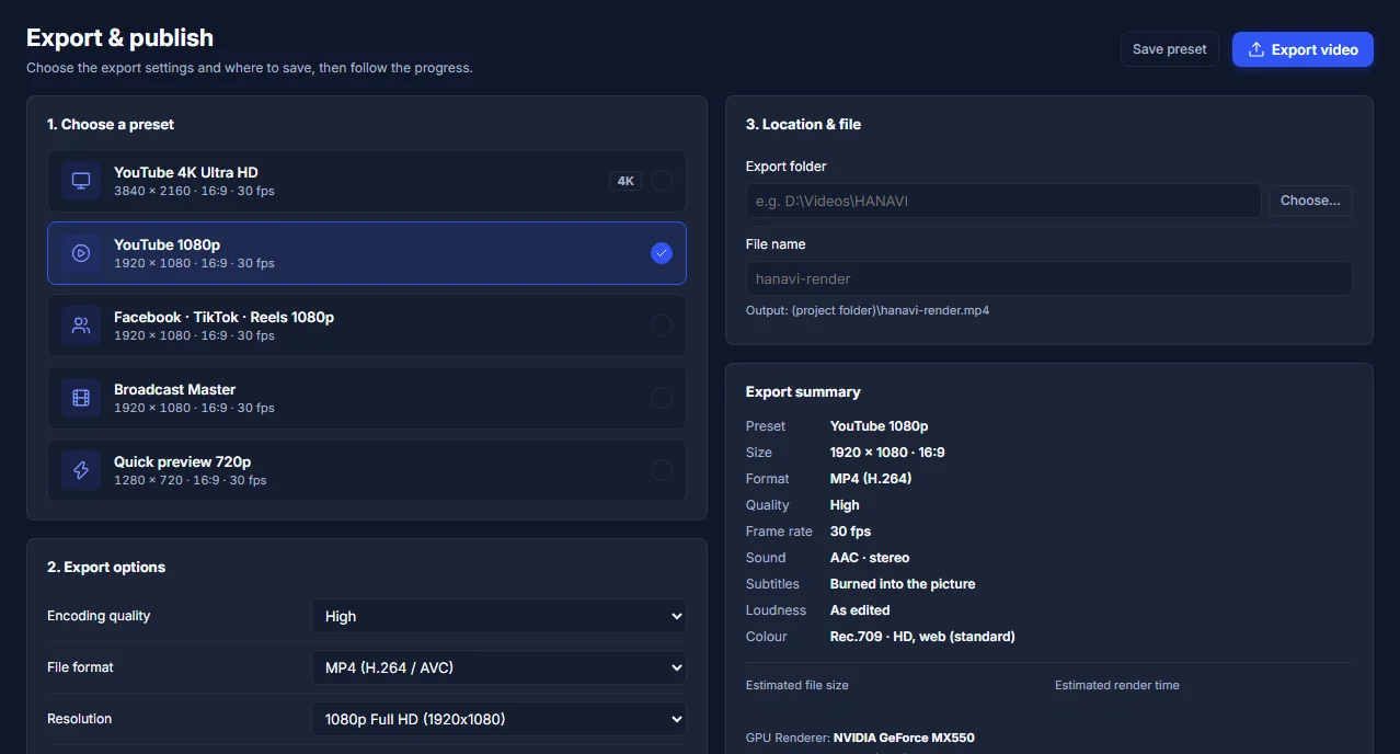 Export with picture, audio, subtitles and summary